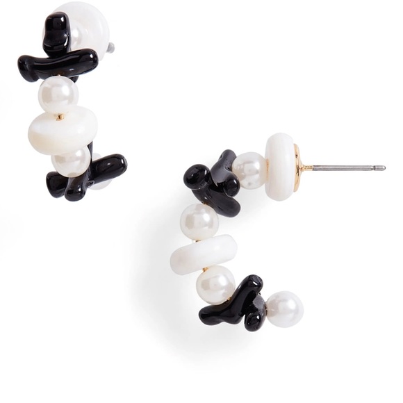 $90 Lele Sadoughi Riviera Beaded Huggie Hoop Earrings small / black & white - Picture 1 of 7